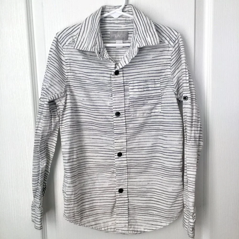 The Children's Place Button Down Shirt Boys Size S 5/6 White Gray Stripes